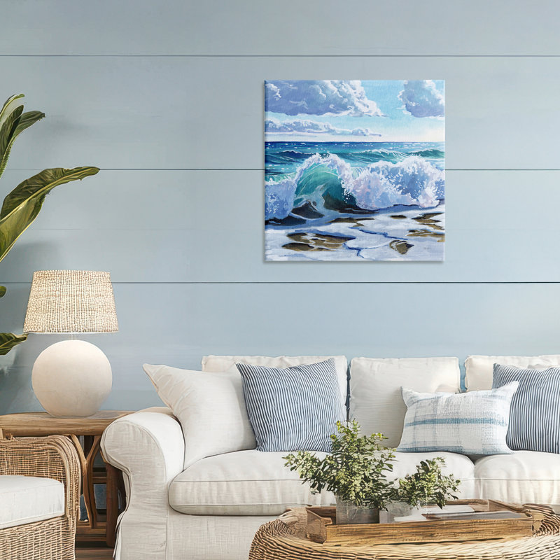 Vague de curling turquoise sur toile de rivage, design par Kate Jarvik Birch, H 30 po x l 30 po