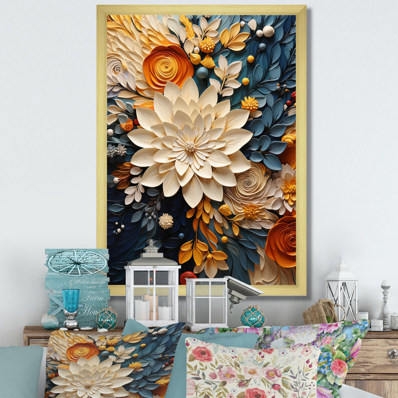 Orange Teal Botanical Whirlwind IV - Leaves Canvas wall art Botanical canvas print, Gold Single Picture Framed