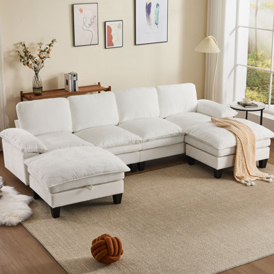 Elanora 122"W Spacious Sectional Sofa With Dual-Layer Cushions & Ottomans