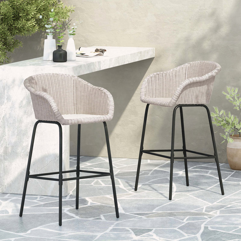 Ensemble de 2 tabourets d'extérieur en métal avec osier gris clair Ladd, Gris clair