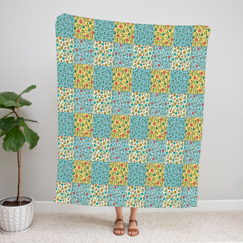 Throw Blanket, 51" W x 60" L, Checkered/Floral, Yellow/Blue