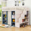 Lit mezzanine double en bois avec escalier et rideau
