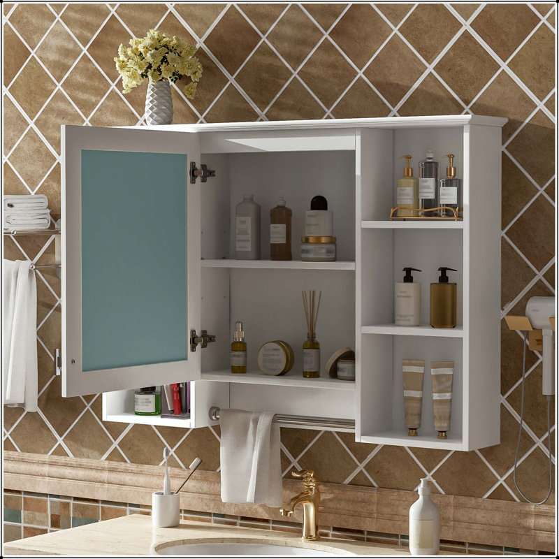 Pharmacie murale 42 po 3-en-1 avec tablette réglable, barre à serviettes et charnière à fermeture en douceur - blanc, White
