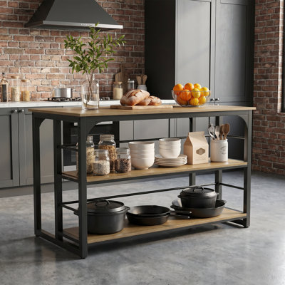 63" Kitchen Island with Storage Shelves, Industrial Kitchen Counter with Large Worktop
