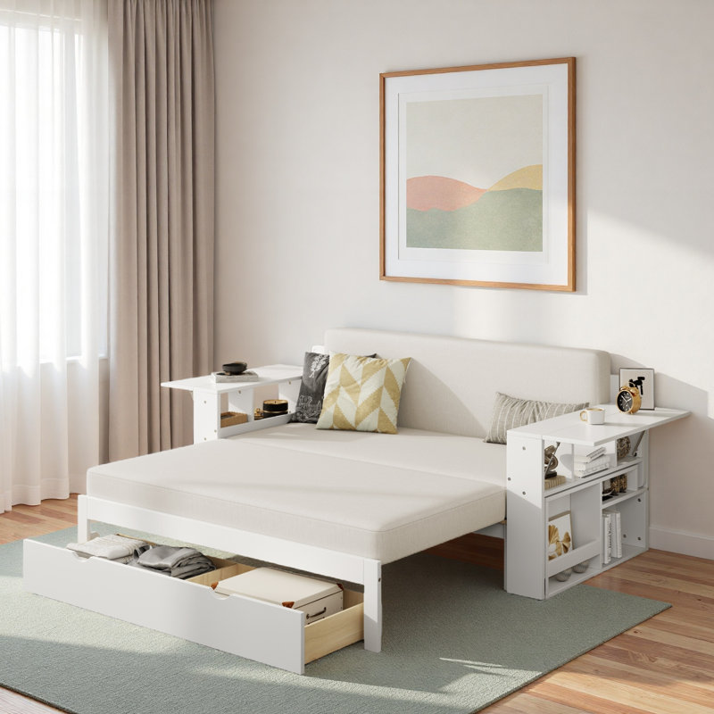 Multifunctional Daybed With Storage Drawer, Open Compartments And Hydraulic Side Table, White