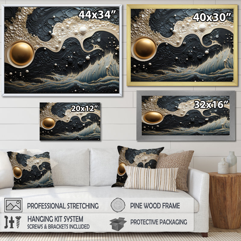 «Blue White Tranquil Waters IV», reproduction sur toile, Encadrement doré, H 16 po x l 32 po x P 1 po