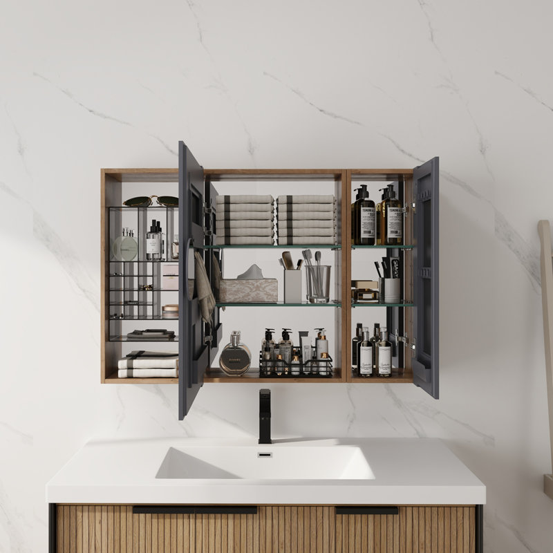 Armoire de toilette 41,4 po avec rangement, armoire à pharmacie murale avec porte miroir, tablettes réglables en verre
