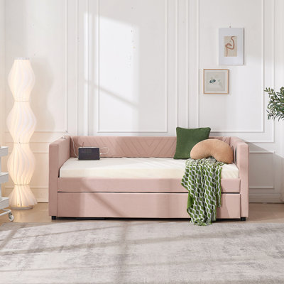 Twin Size Upholstered Daybed with Trundle,USB Port ,Side Pockets, Modern V-grained backrest Design,No Box Spring Needed, for Bedroom, Guest Room ( Pink, Twin)