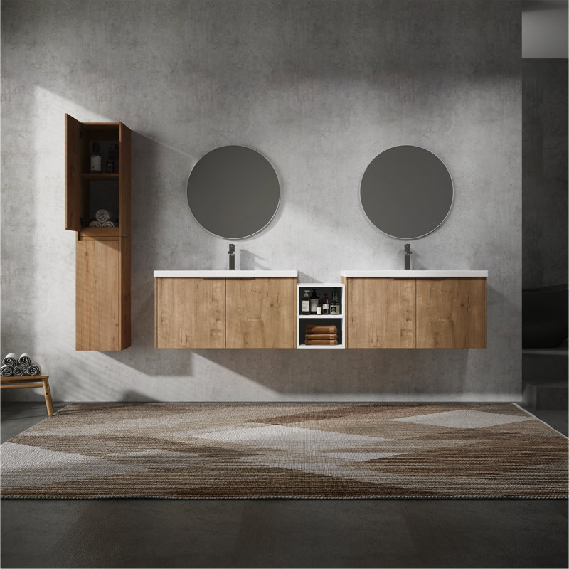 Meuble-lavabo mural 84 po avec lavabo et armoire latérale 84 po, portes à fermeture en douceur