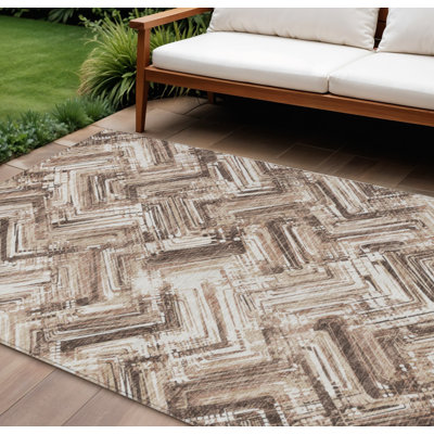 Tapis intérieur / extérieur géométrique lavable taupe et brun clair 9 pi x 12 pi