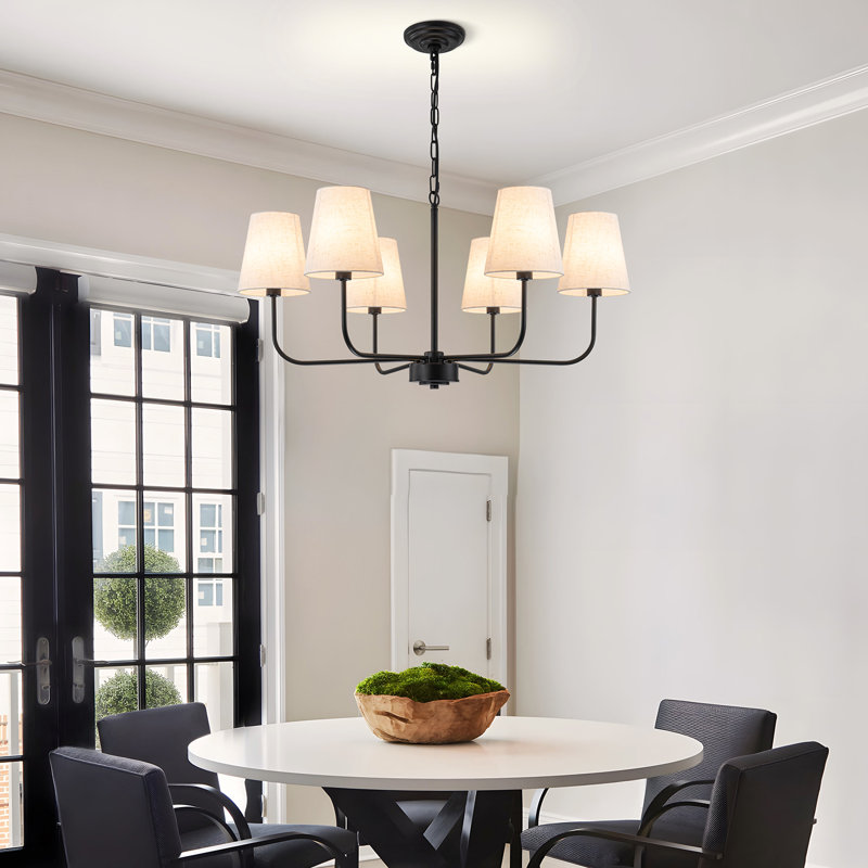 Velora 6-light Metal Chandelier With White Linen Shades, Matte Black