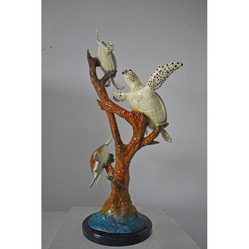 Bronze and Marble Three Turtles with Coral Statue
