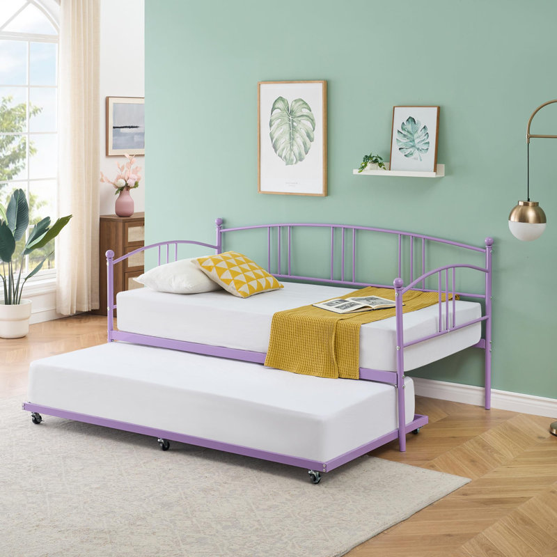 Twin Metal Daybed with Trundle, Pullout Trundle Bed Frame with Arched Headboard, Guest Sofa Bed with Steel Slat Support