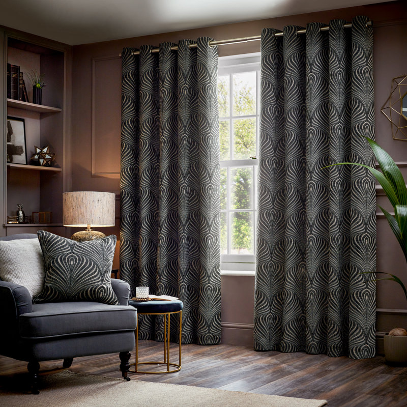 Gatsby Geometric Jacquard Eyelet Curtians, 229 W x 183 D cm, Black