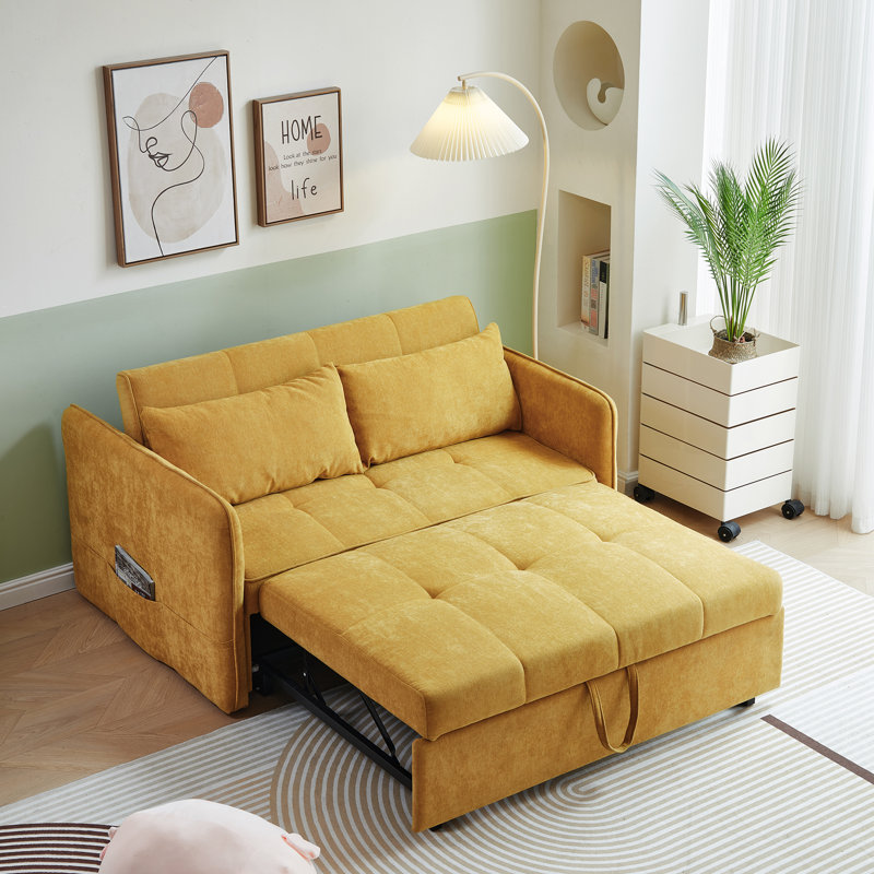 Salom 53.5'' Convertible Sofa Bed 3-in-1 Reclining Sleeper With Ajustable Armrests, Chenille Yellow