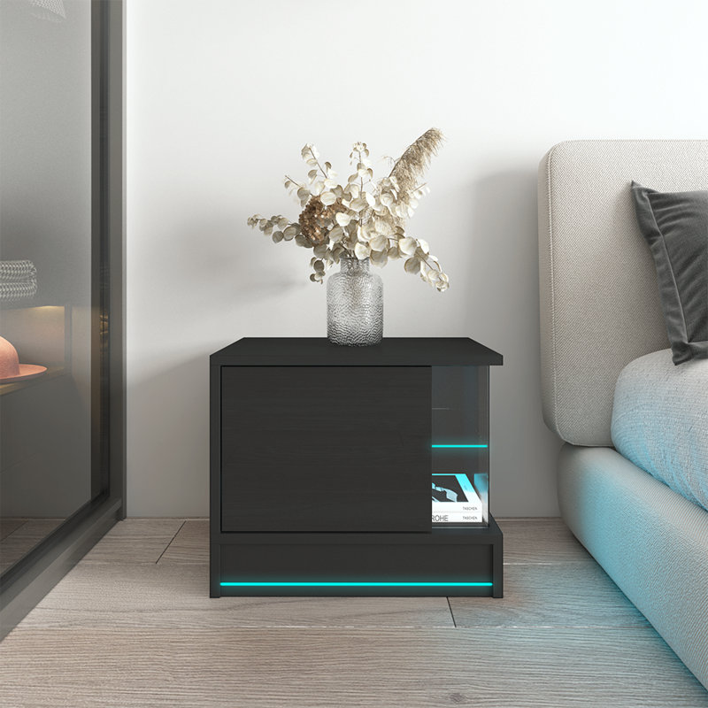 Bozarth 21.6" Nightstand with 16-Color LED Lighting, High Gloss Finish, Black
