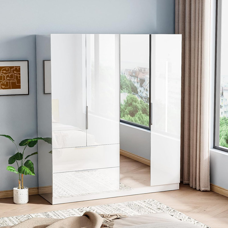 Garde-robe 4 portes 2 tiroirs avec porte miroir, Blanc