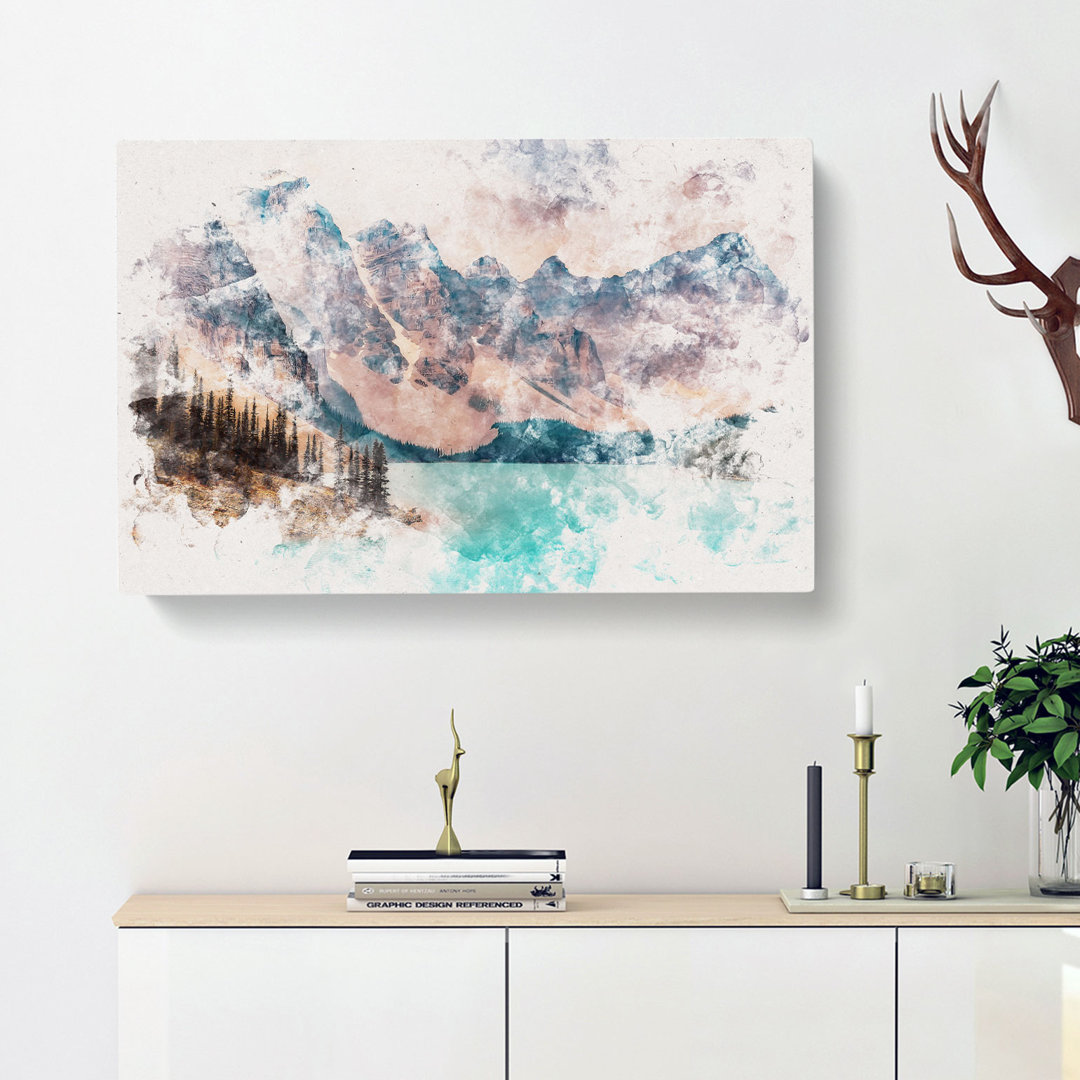 Mountains by Lake Moraine Canada Watercolour - Wrapped Canvas
