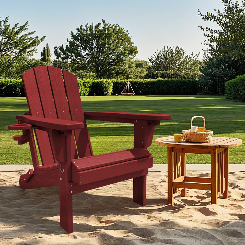 HDPE Outdoor Foldable Adjustable Back Adirondack Chair with Cup Holder, Dark Red