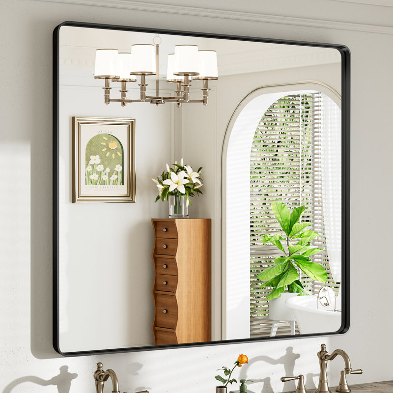 Miroir de salle de bain mural Llesenia, 38 po x 40 po, Noir mat, Rectangulaire