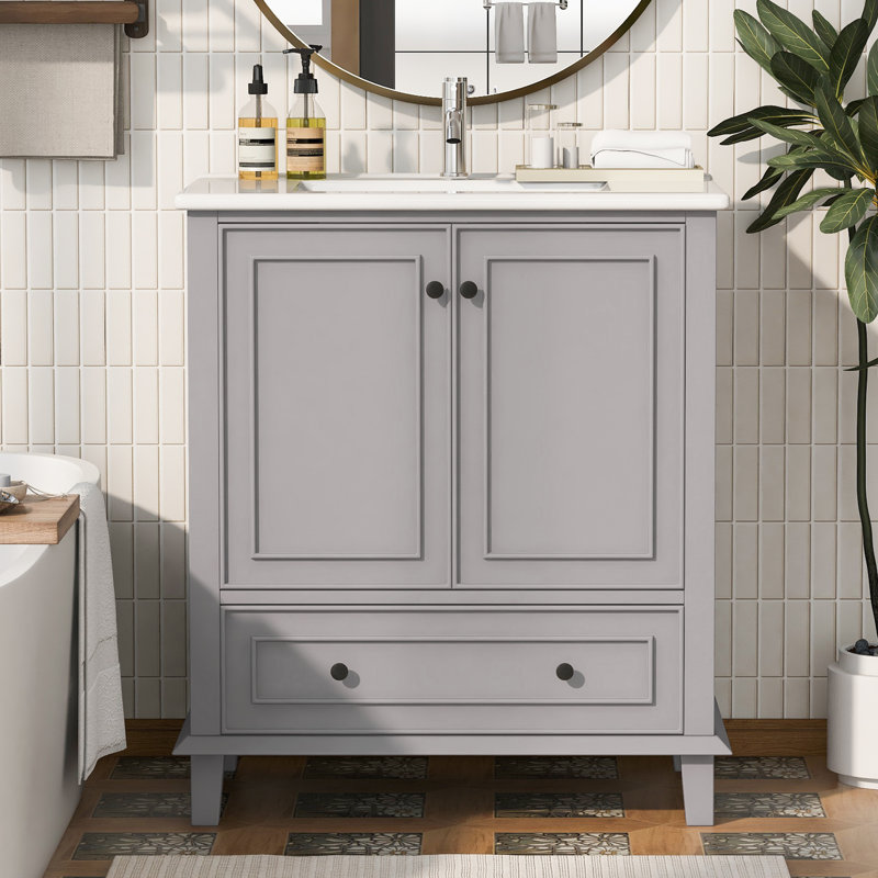 Single Bathroom Vanity with Ceramic Basin, Grey