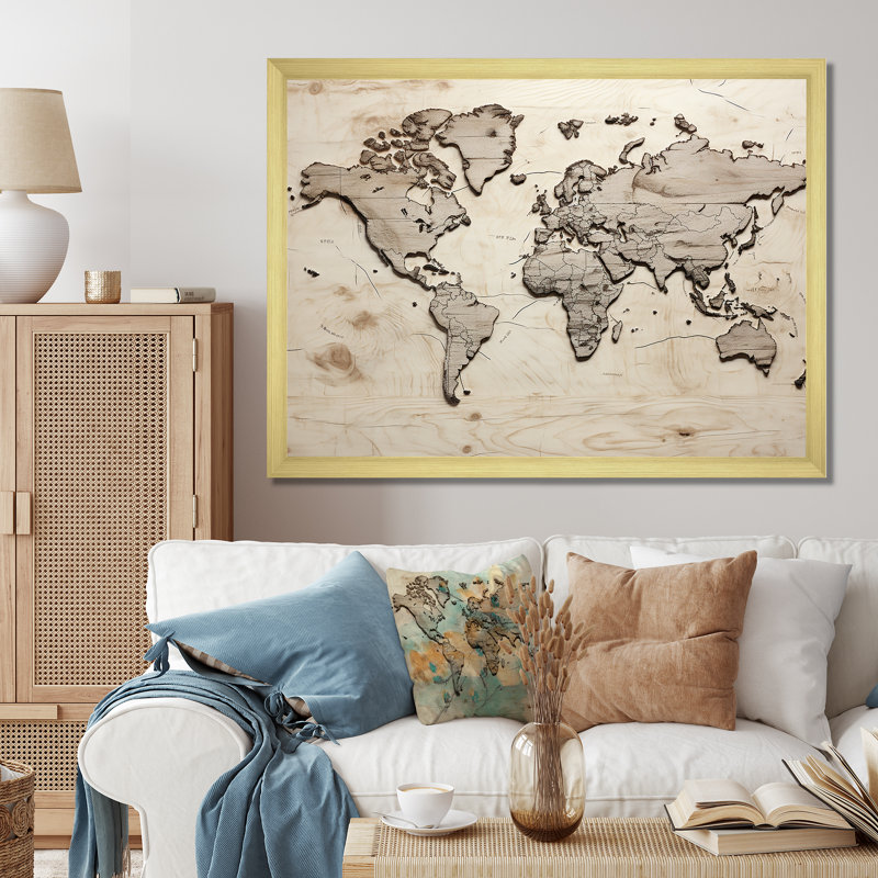 Carte du monde rustique sur toile, Cadre doré simple, H 30 po x l 40 po x P 1,5 po