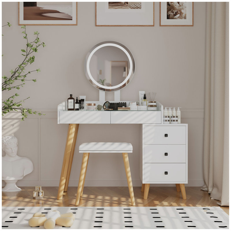 Dressing Table with LED Lights Glass Top Dressing Table with Extendable Side Table 5 Drawers Dressing Table with Mirror and Stool for Bedroom