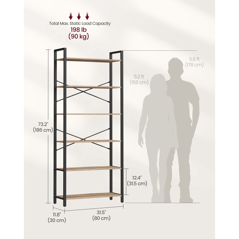 6 Tier Bookcase With Steel Frame, 186cm H x 80cm W x 30cm D, Camel Brown/Black