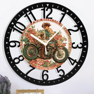 Metal Wall Clock for Living Room -10" Full Throttle Woman Riding Motorcycle Roses Border Silent Non Ticking,Battery Operated, Antique Clocks for Farmhouse,Bedroom,Kitchen - Arabic Numerals