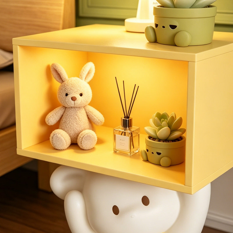 Table de chevet ours en résine et bois avec lampe à capteur de mouvement intégré, table de chevet fantaisiste jaune moderne avec rangement ouvert, décor décoratif pour la chambre à coucher