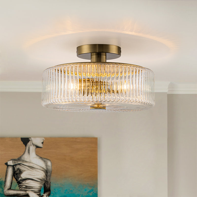 3 - Light Ribbied Glass Semi Flush Mount, Clear, Gold