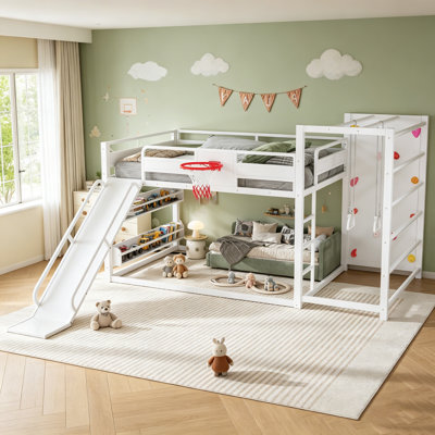 Metal Loft Bunk Bed With Basketball Hoop, Pull-Up Rings, Climbing Wall, And Bookshelves For Fun And Learning