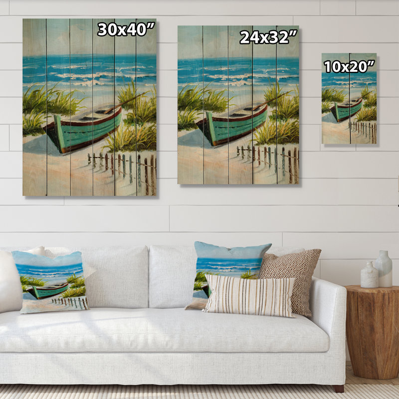 Scène de plage avec barque Litte - décoration murale en bois nautique et côtier - bois de pin naturel