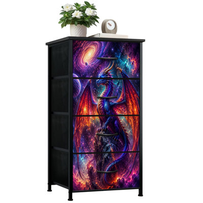 Dresser for Bedroom with 4 Storage Drawers Purple Dragon Gothic Medieval Fantasy Animals Dragon Nebula Starry Sky Dressers Chest of Drawers Steel Framed Fabric Closet Organizers for Dorm Entryway
