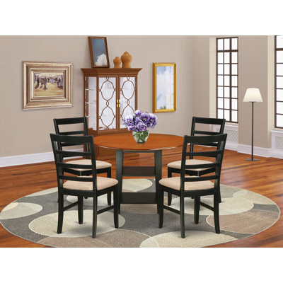 5 Piece Kitchen Table & Chairs Set Includes a Round Dining Table with Dropleaf & Shelves and 4 Linen Fabric Dining Room Chairs, Black & Cherry