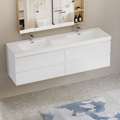 Meuble-lavabo mural 72 po avec lavabo 72 po, lavabo mural moderne avec lavabo en résine et 4 tiroirs à fermeture en douceur, blanc brillant 24V11-72GW