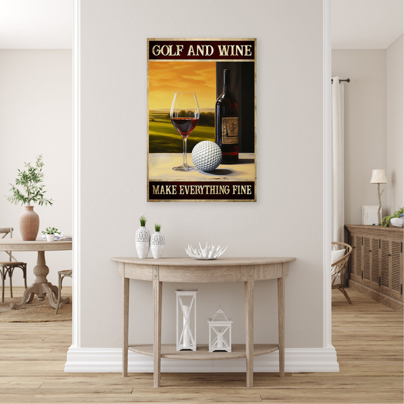 «Golf and Wine - Golf and Wine Make Everything Fine Gallery», toile tendue, décor d'illustration sport, décor de salon bleu