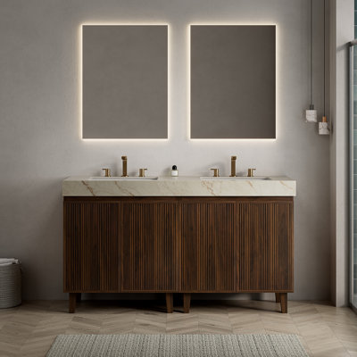Meuble-lavabo LULA 60, sur pied, comptoir en pierre frittée couleur crème veinée or et lavabo en céramique avec 3 trous pré-percés pour robinetterie, démonté, sans robinetterie ni bonde, couleur noyer.