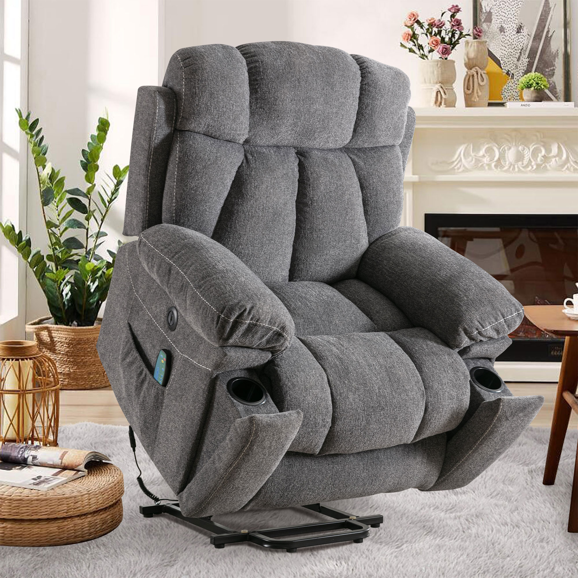 Modern Living Room Recliner Made of Thick Cushion Fabric with Massage Function Latitude Run Fabric: Gray Linen Blend