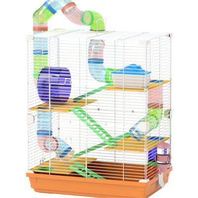 Cage à hamster de 18 po avec 5, tubes, tunnels, poignée de transport, orange, plat de nourriture, bouteille d'eau, roue d'exercice pour petits hamsters et tubes portatifs