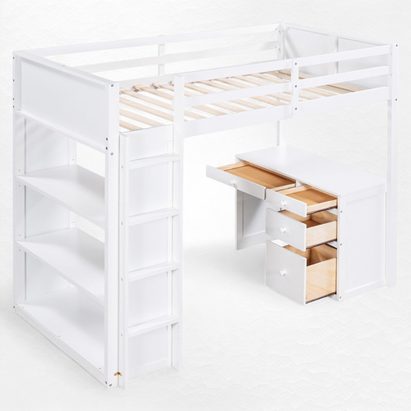 Lit mezzanine avec bureau intégré et rangement, Simple, Blanc