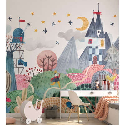 Whimsical Castle Hills Kids Wall Mural | Colorful Fairytale Landscape Wallpaper | Non-Woven or Peel and Stick