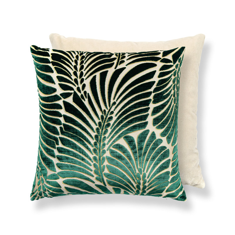 PLUMES / VELVET PILLOW, 22" H x 22" W, Square, Viridian/Beige