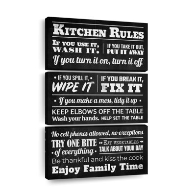 «Chalkboard Kitchen Rules On Canvas», 3 pièces par Noir Fontistry