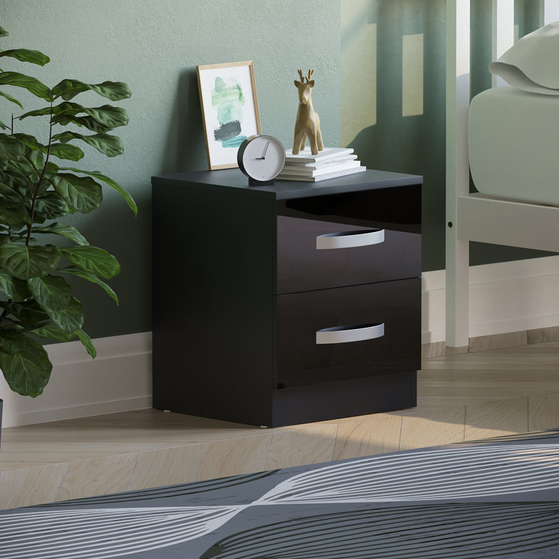 Arkadij 2 Drawer Beside Table With Metal Runners, Modern Bedroom Storage Cabinet, Black