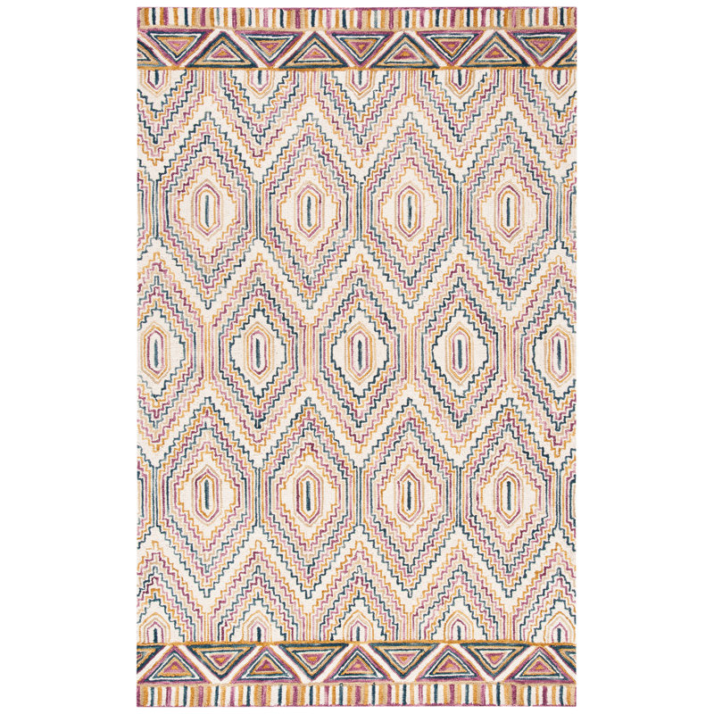 Tapis ivoire / rouille en laine touffetée à la main à motif géométrique Serrato, Rectangle 3 pi x 5 pi