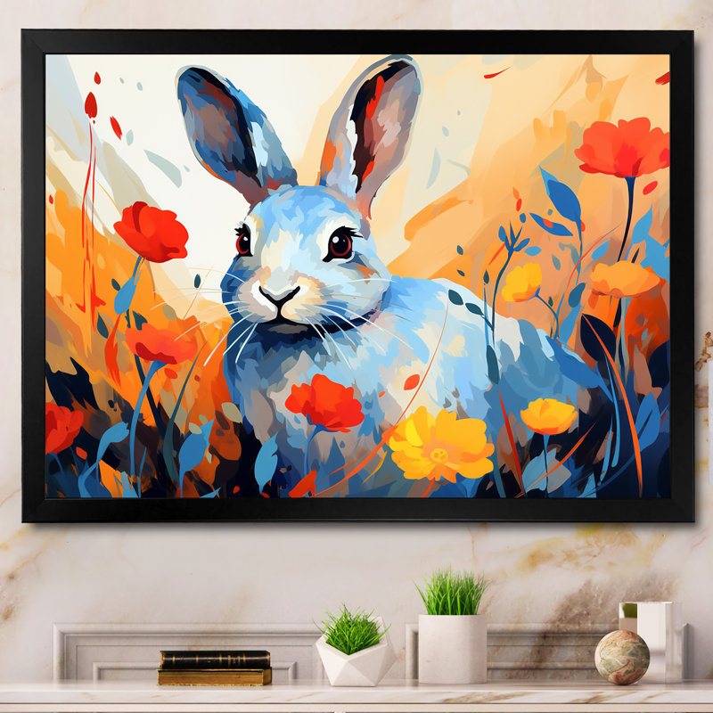 «Blue Rabbit Flower Meadows - Lapin», art mural, Cadre d'angle fermé noir, H 12 po x l 20 po x P 1 po