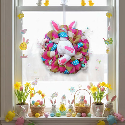 Couronne de décoration en maille, 15,7 pouces, oreilles de lapin de Pâques pour porte d'entrée, décoration de Pâques au printemps, jolie couronne de lapin pour porte et porche de décoration intérieure