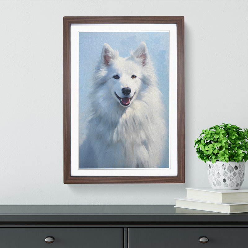 White Wolf Hard Edge Painting - Single Picture Frame Print on Wood, Walnut Framed, 46cm H x 34cm W