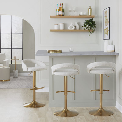 Tabouret de bar réglable en métal doré et tissu avoine avec repose-pieds arrondi en T - ensemble de 2